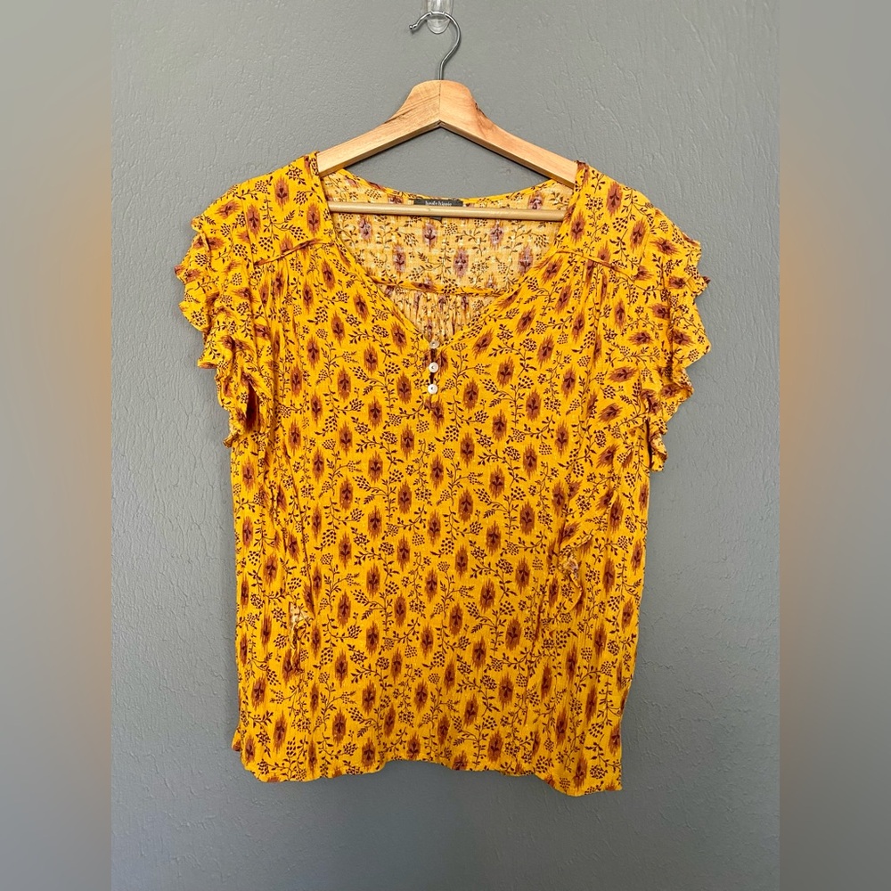 Haute Hippie Yellow Ikat Floral Flutter Sleeve Boho Blouse - Size L - Picture 3 of 8